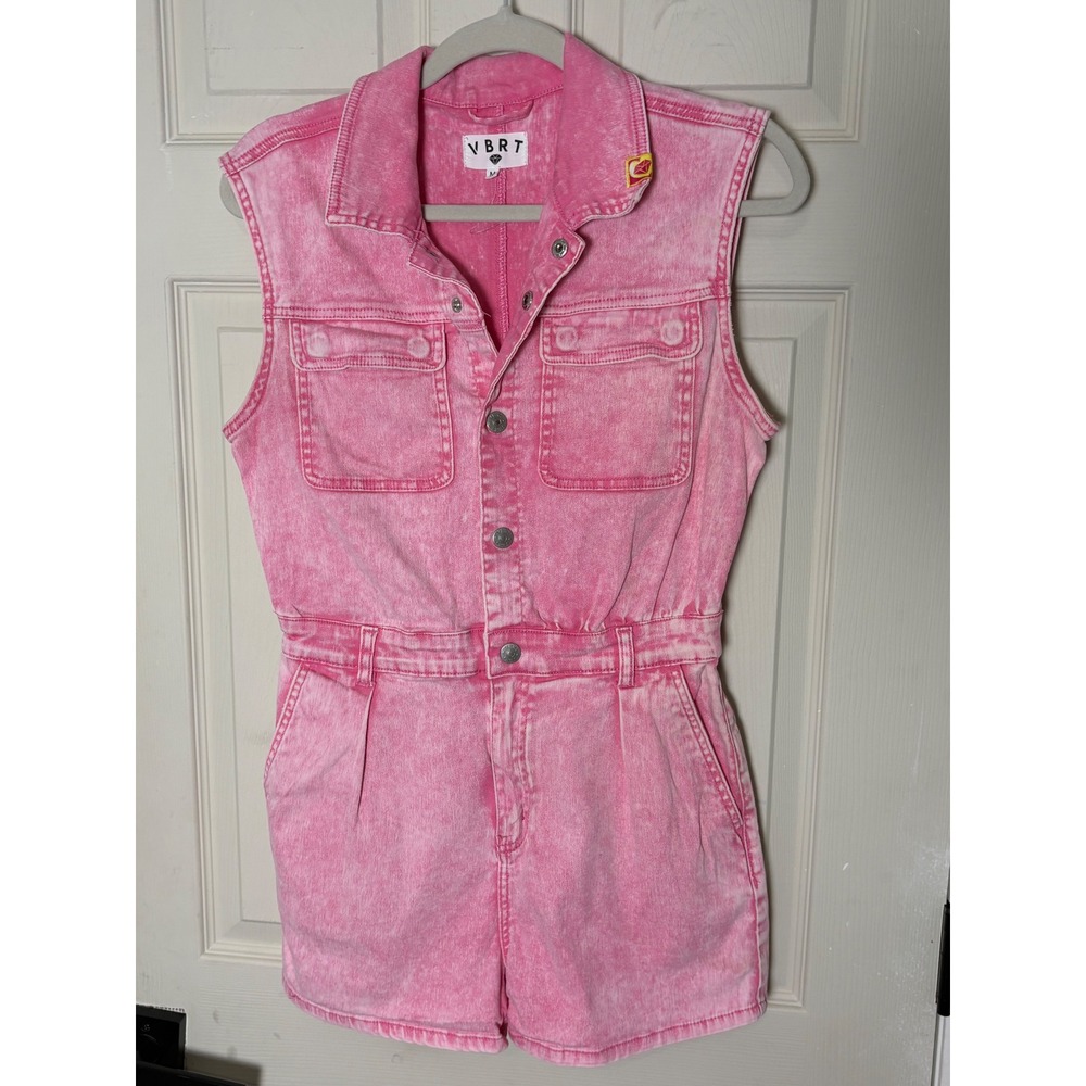 Vibrant MIU Pink Acid Wash Denim Romper Womens M Utility Y2K Barbiecore - Picture 4 of 16